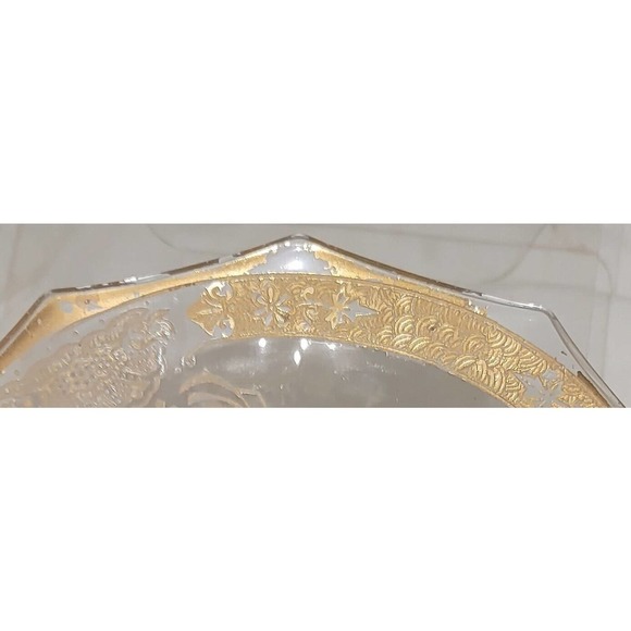 Cambridge Etched Glass Plate Elaine Pattern Brushed Gold Trim Handled - Picture 2 of 5